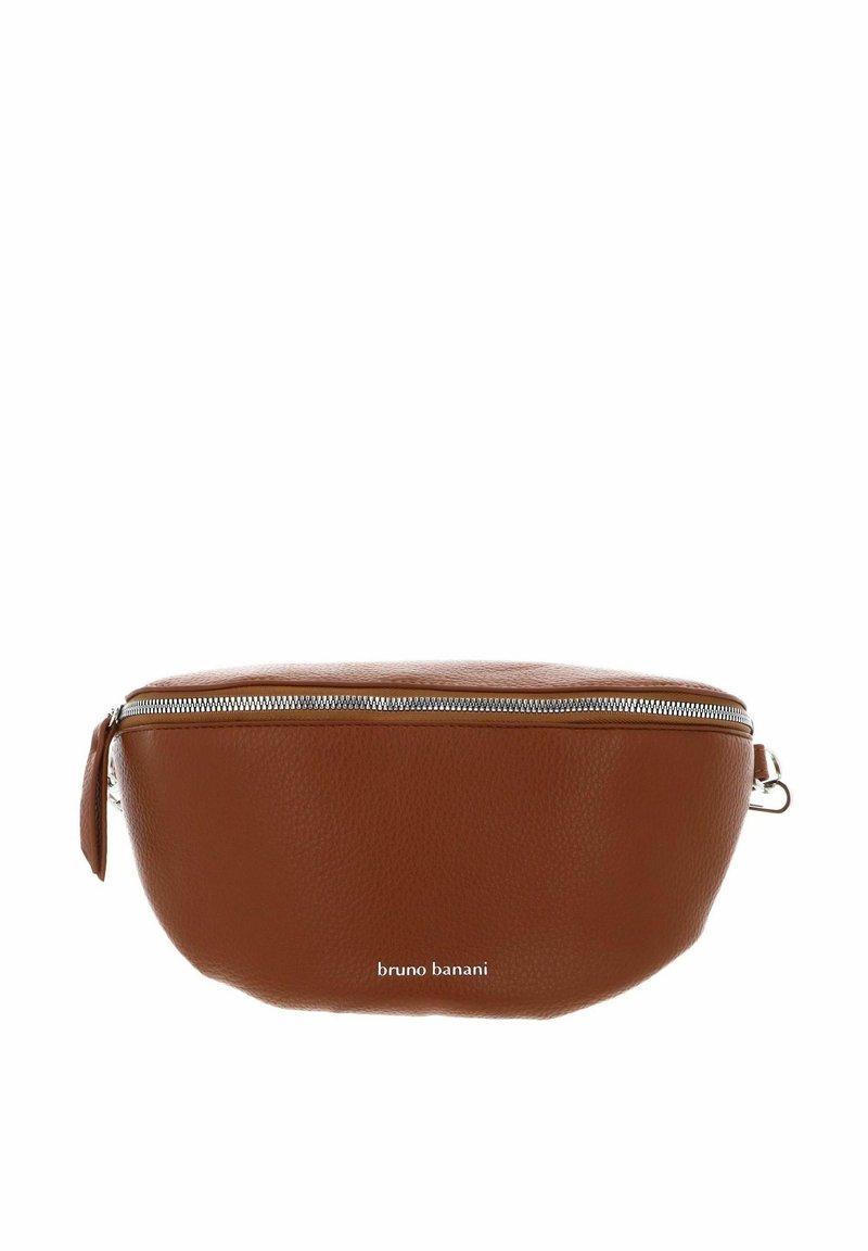 Sac en cuir synthétique marron en bandoulière avec une forme arrondie, fermeture éclair argentée et détail du logo sur le devant. Surface texturée et bandoulière unique.