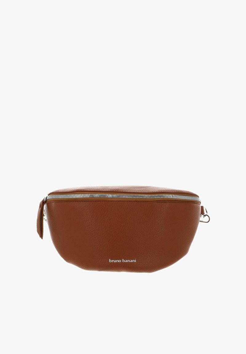 Sac en cuir synthétique marron en bandoulière avec une forme arrondie, fermeture éclair argentée et détail du logo sur le devant. Surface texturée et bandoulière unique.