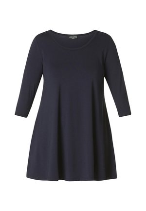 Women's dark navy blue tunic top with three-quarter sleeves and a round neckline, featuring a loose, flared fit.
