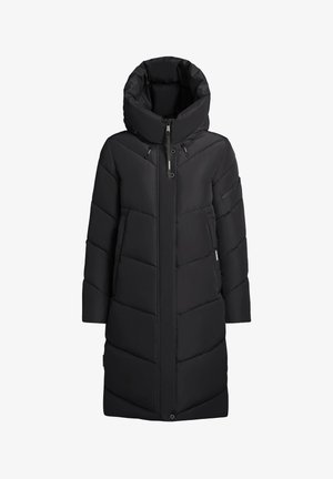 Giubbotto puffo nero con colletto alto e cappuccio. Presenta una chiusura con zip, tasche laterali e un motivo a zigzag trapuntato. Maniche lunghe.