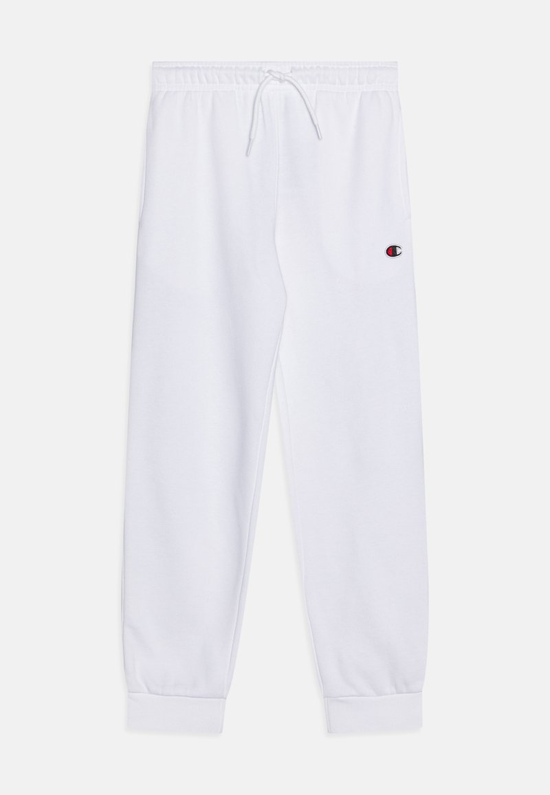 Hvide sweatpants med elastisk talje, justerbar snørelukning, afsluttende ankler og et lille logo på venstre ben. Blød stoftekstur.