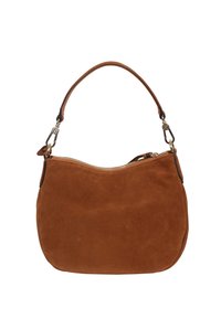 Braune Wildleder-Umhängetasche mit geschwungener Form, Reißverschluss und einem einzelnen Riemen. Verfügt über eine glatte Textur und dezente Details an der Hardware.