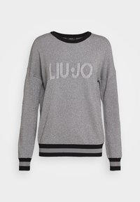 Harmaa neule pitkähihaine villapaita mustalla reunuksella kauluksessa, hihansuissa ja helmassa, jossa on "LIU·JO" teksti rinnassa.