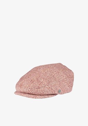 A red and beige herringbone patterned cap made of textured fabric, featuring a curved brim and a decorative logo button on the side.