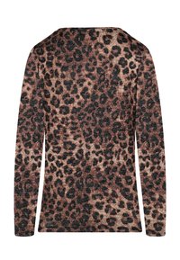 Langärmliges Oberteil, strukturierten Stoff in Brauntönen mit einem schwarzen Leopardenmuster. Mit rundem Ausschnitt und enganliegendem Ärmeln.