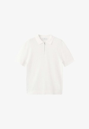 Polo blanc à manches courtes avec un corps texturé, un col et une fermeture éclair à l'avant.