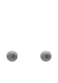 Round silver earrings with a textured, metallic finish. Each measures approximately one centimeter in diameter. Simple and understated design.