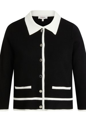 Cardigan noir avec un col blanc, présentant des bordures blanches, deux poches avant et six boutons argentés le long du centre.