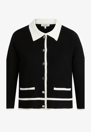 Cardigan nero con colletto bianco, caratterizzato da rifiniture bianche, due tasche frontali e sei bottoni argentati centrali.