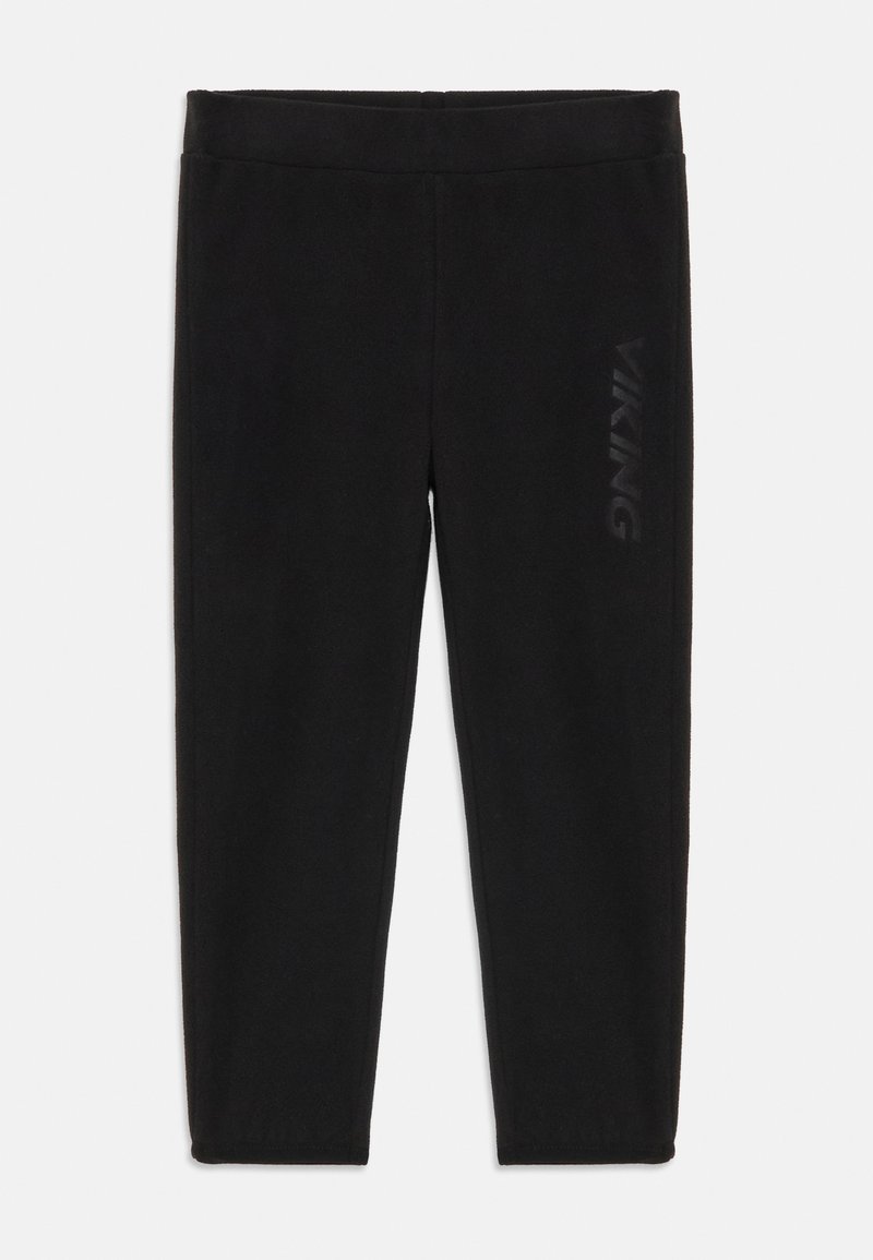 Schwarze Fleece-Hosen mit glatter Textur, die ein dezentes "VIKING"-Logo in dunkler Druckfarbe an der Seite und einen elastischen Bund aufweisen.