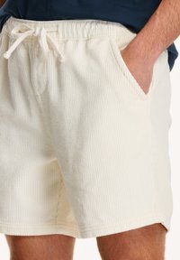 Pantaloni scurți din fustă de culoare crem, cu talie elastică, sistem de închidere cu șnur și buzunare laterale. Material texturat cu dungi verticale.