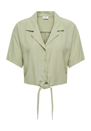 Lichtgroen overhemd met korte mouwen, knopen aan de voorkant, een kraag en een knoopstrik aan de zoom, gemaakt van lichtgewicht stof.