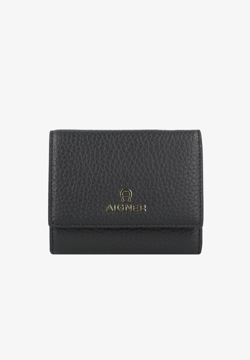 Portefeuille en cuir noir à surface texturée, avec un logo doré sur le devant et un design simple à rabat.