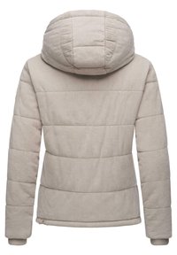 Ljust beige kordflätad puffjacka med huva, med kviltade sektioner, lång ärm och elastiska mudd. Mjuk texturdetaljering genom hela.