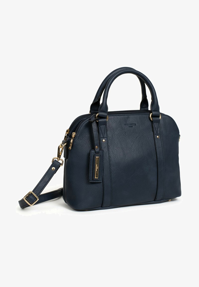 Borsa a tracolla in pelle di colore blu scuro con finiture dorate, manici doppi e tracolla removibile. Superficie testurizzata con chiusura a zip.