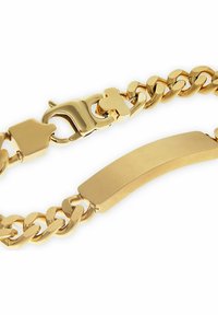 Bracciale in metallo dorato con una piastra rettangolare liscia e una chiusura sicura, caratterizzato da anelli arrotondati e una finitura lucida.