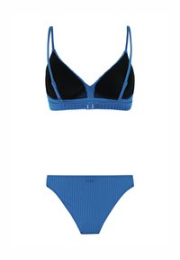 Tweedelige badpak met zwart-blauw geribbeld driehoekstopje met verstelbare bandjes en bijpassende blauwe geribbelde bikinibroekjes.