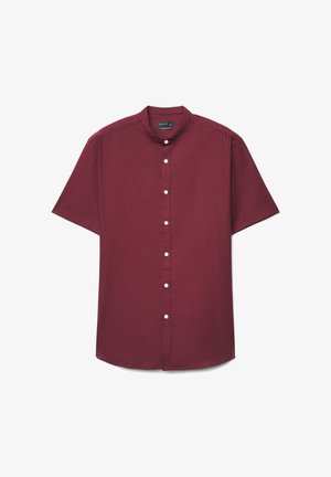 Maroon short-sleeve shirt with mandarin collar and white buttons down the front, labeled "Calliope" regular fit.