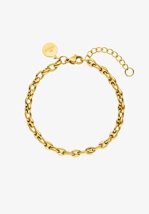 Gouden metalen schakelarmband met ovale schakels, een kreeftsluiting en een verstelbare kettingverlenging met een ronde tag.