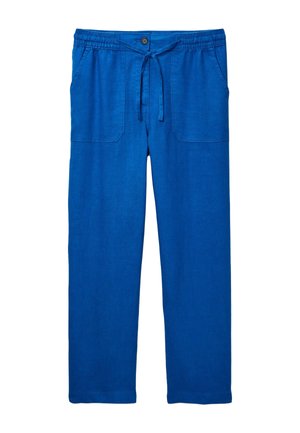Pantalon bleu décontracté avec taille élastique, cordon de serrage, fermeture par bouton et deux poches plaquées à l'avant, présenté sur un fond blanc.