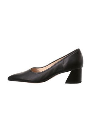 Black leather women's pump with pointed toe and low block heel, beige interior lining, shown from side on white background.