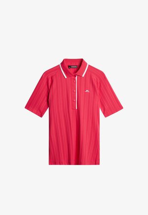Rode poloshirt met verticale strepen, korte mouwen, kraag, vijf-knopen sluiting en contrasterende witte accenten op de kraag en mouwen.