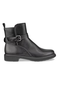 Botas de cuero negro hasta el tobillo con una correa con hebilla lateral, punta redondeada y un bajo tacón de goma para tracción y soporte. Acabado de superficie suave.