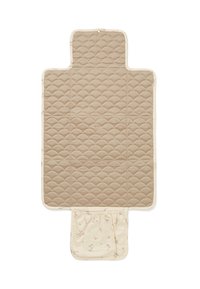 Quilted changing mat in beige with scalloped texture. Features a floral-patterned pocket at the end, bordered by cream fabric.