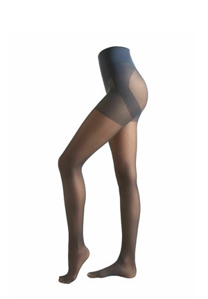 Medias negras transparentes con una cinturilla elástica alta, textura suave y un acabado semiopaco, que contornean la forma de la pierna.