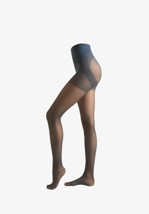 Transparante zwarte panty met een hoge elastische tailleband, een gladde textuur en een semi-doorzichtige afwerking, die de vorm van de benen accentueert.