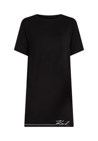 Rochie neagră cu mâneci scurte, decolteu rotund, cu o linie albă și semnătura „Karl” aproape de tivul inferior pe partea din față.