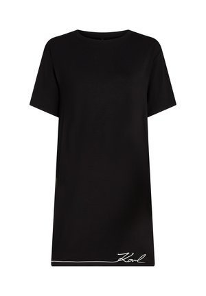 Melna īsroku T-krekla kleita ar apaļu kakla izgriezumu, priekšpusē pie apakšējās malas ar baltu līniju un "Karl" parakstu.