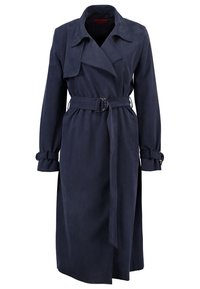 Námořnický modrý trenčkot vyrobený z hladké látky, s páskem v pase, širokým límcem a popruhy na rukávech, rovného střihu a délky ke kolenům.