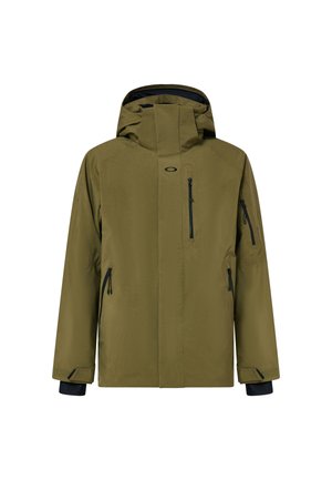 Olivgrüne Outdoor-Jacke mit hohem Kragen, verstellbarer Kapuze und mehreren Reißverschlusstaschen. Verfügt über elastische Bündchen und eine glatte Textur.