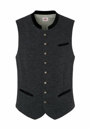Grau ärmellose Weste mit einem Stehkragen, metallischen Knöpfen, zwei vorderen Taschen mit schwarzen Samt-Akzenten und einem strukturierten Stoff.