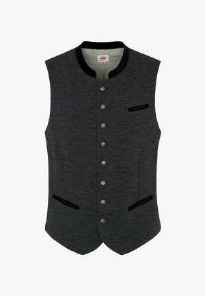 Grijze mouwloze vest met een bandkraag, metalen knopen, twee voorzakken met zwarte fluwelen accenten en een gestructureerde stof.