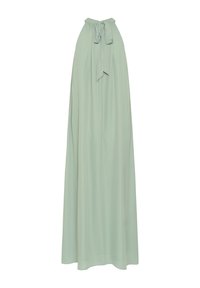 Jupe longue vert pâle avec une taille haute et un détail de nœud noué à la ceinture, design en tissu fluide et doux.