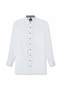 Weißes Langarmhemd mit spitzem Kragen, schwarzen Knöpfen vorne und einer einzelnen Brusttasche. Glatte Stofftextur.