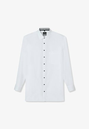 Camicia bianca a manica lunga con colletto appuntito, caratterizzata da bottoni neri sul davanti e una tasca sul petto. Tessuto dalla superficie liscia.