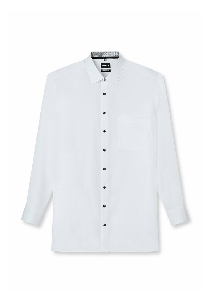 Weißes Langarmhemd mit spitzem Kragen, schwarzen Knöpfen vorne und einer einzelnen Brusttasche. Glatte Stofftextur.