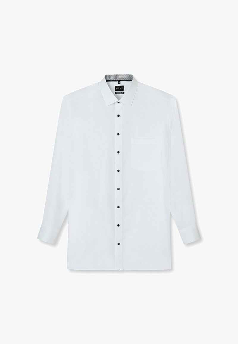 Weißes Langarmhemd mit spitzem Kragen, schwarzen Knöpfen vorne und einer einzelnen Brusttasche. Glatte Stofftextur.