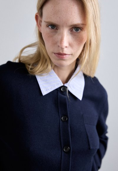 Cardigan navy con scollo rotondo, bottoni sul davanti e taschino applicato. Sotto indossa una camicia a righe blu chiaro con colletto.