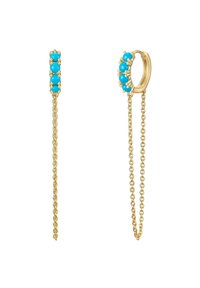 Boucles d'oreilles en or ornées de perles de turquoise, avec un design à chaîne descendante et un anneau rond accentué par une chaîne liée, rehaussée de petites garnitures en or.