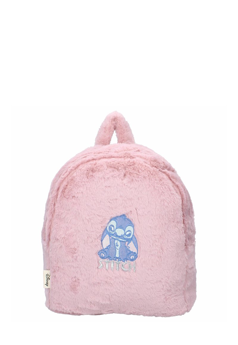 Uldet lyserøde rygsæk med rund form, udstyret med en broderet Stitch-figur i blå og et håndtag på toppen til bæring.
