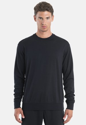 Black long-sleeve crewneck sweatshirt made of a smooth, soft fabric, with ribbed cuffs and hem, featuring a classic, straightforward design.