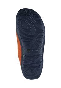 Shoe in orange felt with a navy rubber sole featuring a textured pattern and raised design lines. Size marked as 37 on the sole.