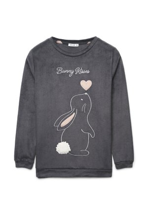 Felpa in pile grigio scuro con maniche lunghe, caratterizzata da una grafica di un coniglio bianco e rosa, il testo "Bunny Kisses" e un dettaglio pom-pom bianco peloso.