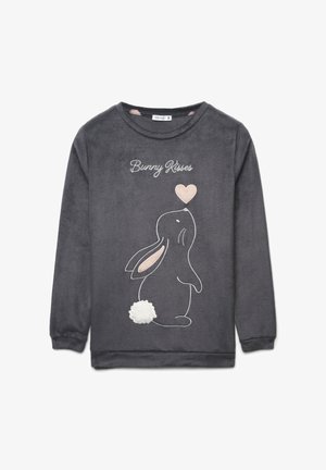 Felpa in pile grigio scuro con maniche lunghe, caratterizzata da una grafica di un coniglio bianco e rosa, il testo "Bunny Kisses" e un dettaglio pom-pom bianco peloso.