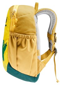 Sac à dos avec un tissu jaune et vert, présentant une poche zippée sur le côté, des sangles en mesh et une poche latérale élastique. Texture douce et forme structurée.