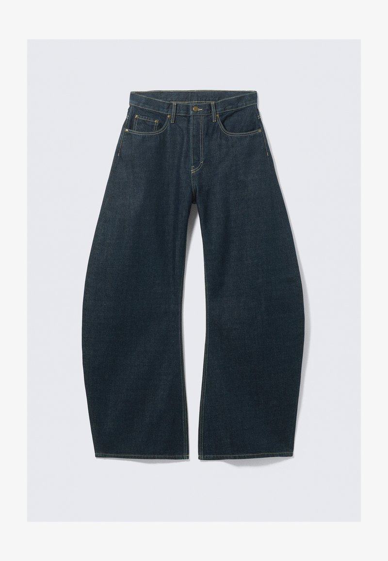 Dunkelblaue Jeans mit weitem Bein aus Denim, mit fünf Taschen, sichtbaren Nähten, Knopfverschluss und sauberem Finish.